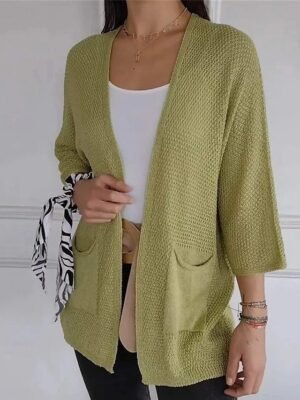 Fashion Regular Solid Ribbed Open Front 3/4 Sleeve Cardigan - Image 8