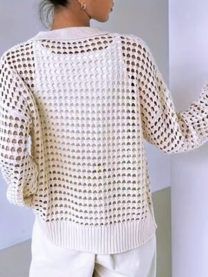 Fashion Regular Solid Shirt Collar Long Sleeve Knit Top - Image 4