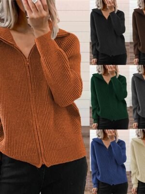 Fashion Regular Solid Shirt Collar Zipper Long Sleeve Cardigan - Image 1