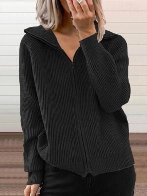 Fashion Regular Solid Shirt Collar Zipper Long Sleeve Cardigan - Image 3