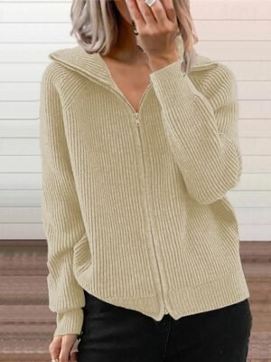 Fashion Regular Solid Shirt Collar Zipper Long Sleeve Cardigan - Image 4