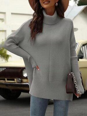 Fashion Regular Solid Turtleneck Long Sleeve Split Sweater - Image 1