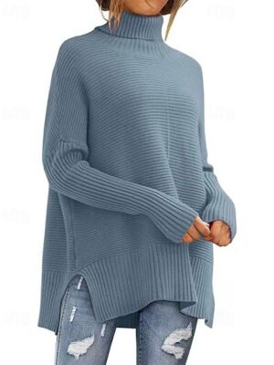 Fashion Regular Solid Turtleneck Long Sleeve Split Sweater - Image 2
