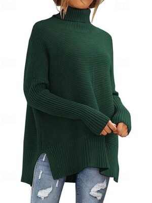 Fashion Regular Solid Turtleneck Long Sleeve Split Sweater - Image 3