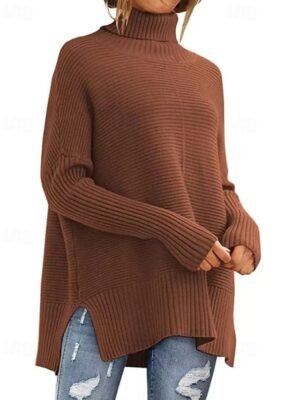 Fashion Regular Solid Turtleneck Long Sleeve Split Sweater - Image 4