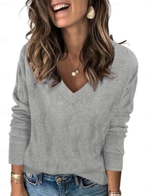 Fashion Regular Solid V Neck Long Sleeve Knit Top - Image 1