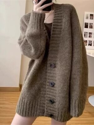 Fashion Regular Solid V Neck Long Sleeve Cardigan - Image 1