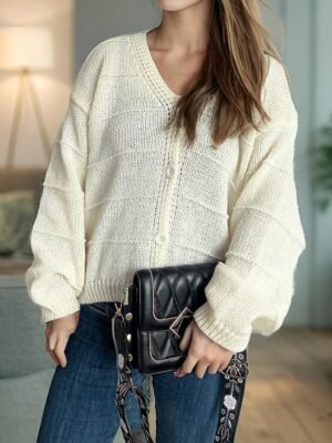 Fashion Regular Solid V Neck Long Sleeve Cardigan - Image 11