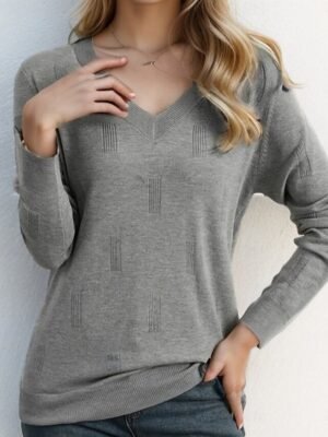 Fashion Regular Solid V Neck Long Sleeve Knit Top - Image 2