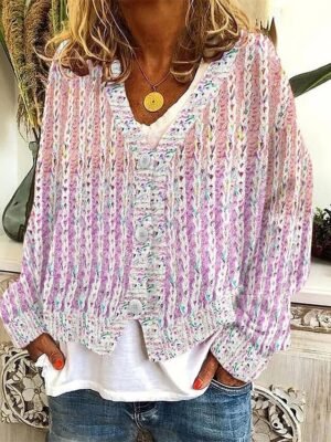 Fashion Regular Striped V Neck Long Sleeve Knit Cardigan - Image 1