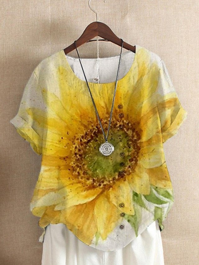 Fashion Regular Sunflower Round Neck Short Sleeve Top - Image 1
