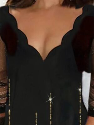 Fashion Sheath Colour Block V Neck Long Sleeve Midi Sequin Dress - Image 4