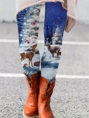 Fashion Skinny Reindeer Christmas Print Mid Waist Full Length Leggings - Image 4