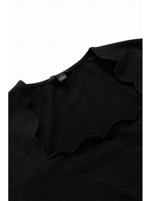 Fashion Slim Fit Solid Scalloped Neck Short Sleeve Top - Image 11