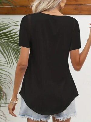 Fashion Slim Fit Solid Scalloped Neck Short Sleeve Top - Image 2