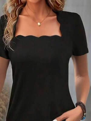 Fashion Slim Fit Solid Scalloped Neck Short Sleeve Top - Image 3
