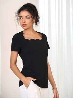 Fashion Slim Fit Solid Scalloped Neck Short Sleeve Top - Image 4