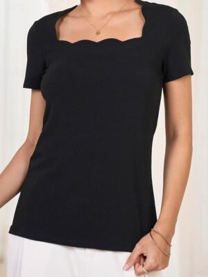Fashion Slim Fit Solid Scalloped Neck Short Sleeve Top - Image 8