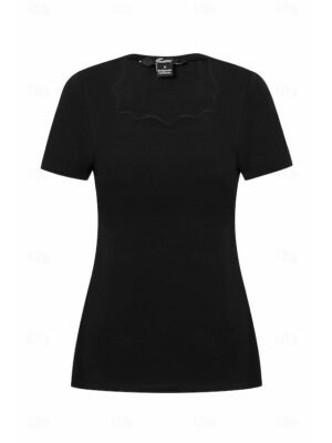 Fashion Slim Fit Solid Scalloped Neck Short Sleeve Top - Image 9