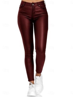 Fashion Slim Plain High Waist Full Length Leather Tights - Image 4