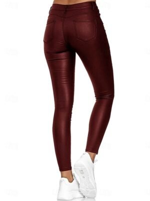 Fashion Slim Plain High Waist Full Length Leather Tights - Image 5