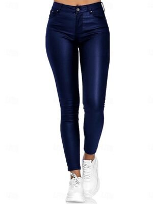 Fashion Slim Plain High Waist Full Length Leather Tights - Image 6