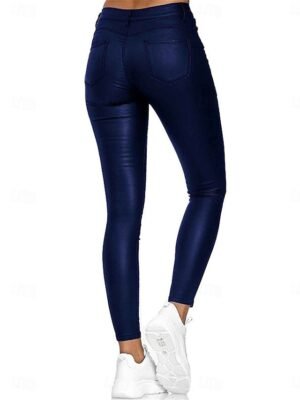 Fashion Slim Plain High Waist Full Length Leather Tights - Image 7