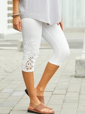 Fashion Slim Plain Lace High Waist Calf-Length Leggings - Image 3