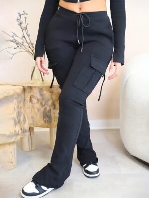 Fashion Slim Plain Mid Waist Full Length Cargo Pants - Image 1