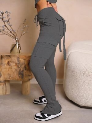 Fashion Slim Plain Mid Waist Full Length Cargo Pants - Image 11