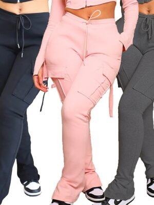 Fashion Slim Plain Mid Waist Full Length Cargo Pants - Image 13