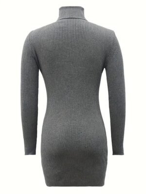 Fashion Slim Pure Colour Turtleneck Long Sleeve Mini Sheath Dress - Image 3