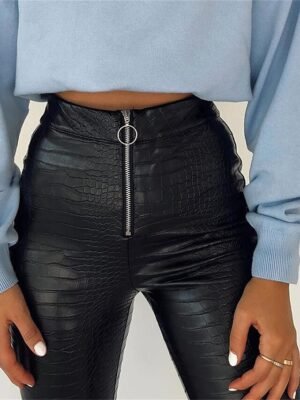 Fashion Slim Solid High Waist Full Length Trousers - Image 2