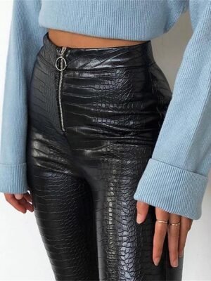 Fashion Slim Solid High Waist Full Length Trousers - Image 5