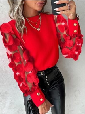 Fashion Street Solid Mesh Round Neck Short Sleeve Blouse - Image 2