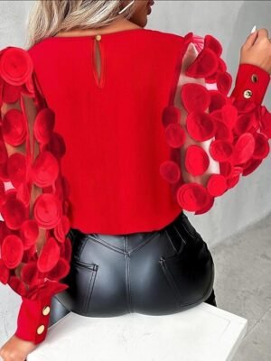 Fashion Street Solid Mesh Round Neck Short Sleeve Blouse - Image 3