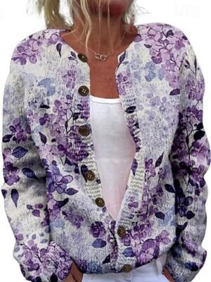 Fashion Streetwear Floral Ribbed Open Front Long Sleeve Long Cardigan - Image 1