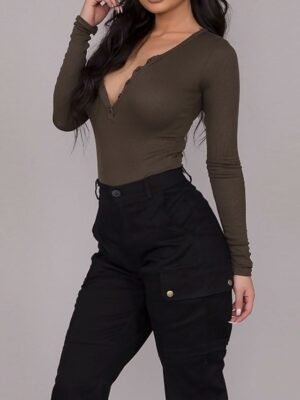 Fashion Streetwear Full Length Mid Waist Plain Cargo Pants - Image 2