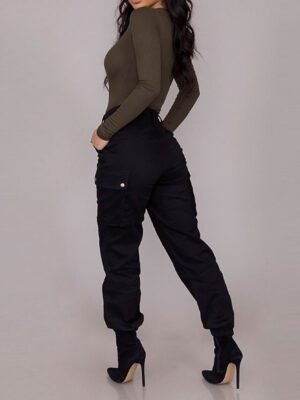 Fashion Streetwear Full Length Mid Waist Plain Cargo Pants - Image 3