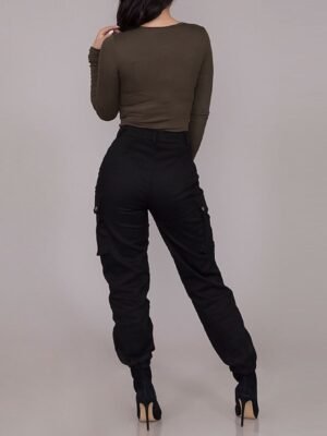 Fashion Streetwear Full Length Mid Waist Plain Cargo Pants - Image 4