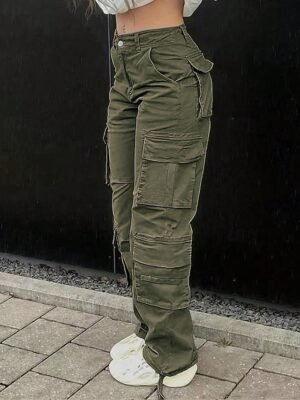 Fashion Streetwear Full Length Solid Multi Pocket Cargo Pants - Image 1