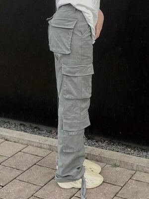 Fashion Streetwear Full Length Solid Multi Pocket Cargo Pants - Image 13