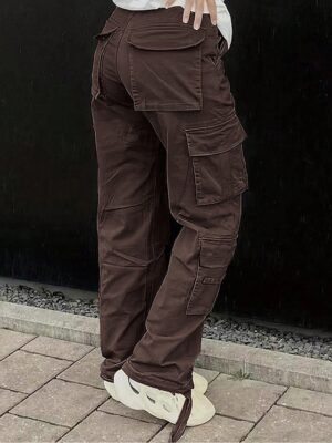 Fashion Streetwear Full Length Solid Multi Pocket Cargo Pants - Image 14