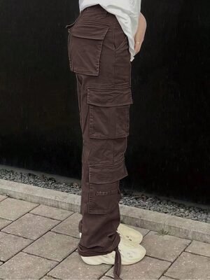 Fashion Streetwear Full Length Solid Multi Pocket Cargo Pants - Image 15