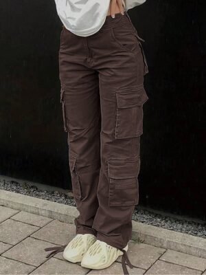 Fashion Streetwear Full Length Solid Multi Pocket Cargo Pants - Image 16