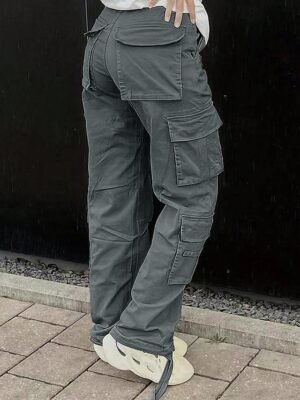 Fashion Streetwear Full Length Solid Multi Pocket Cargo Pants - Image 17