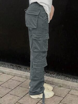 Fashion Streetwear Full Length Solid Multi Pocket Cargo Pants - Image 18