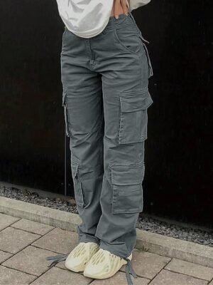 Fashion Streetwear Full Length Solid Multi Pocket Cargo Pants - Image 19