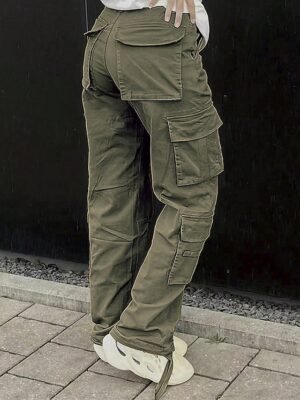 Fashion Streetwear Full Length Solid Multi Pocket Cargo Pants - Image 2