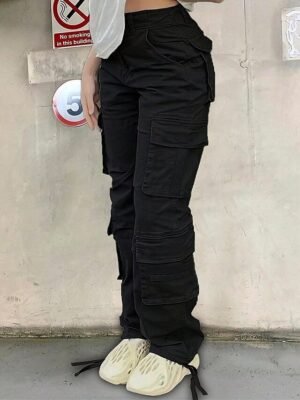 Fashion Streetwear Full Length Solid Multi Pocket Cargo Pants - Image 20